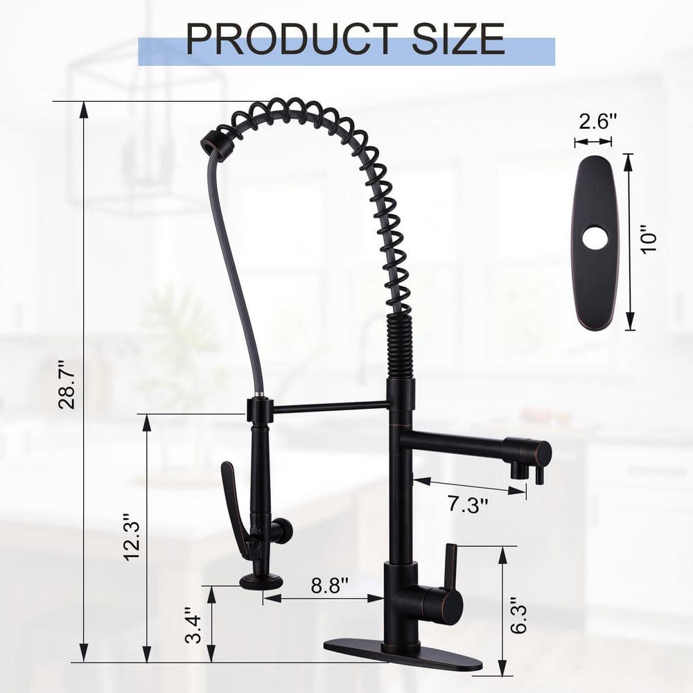 28.7 in. Single Handle Brass Pre-Rinse Spring Pull Down Sprayer Kitchen Faucet with 360° Swivel Pot Filler in Bronze - Hercitys