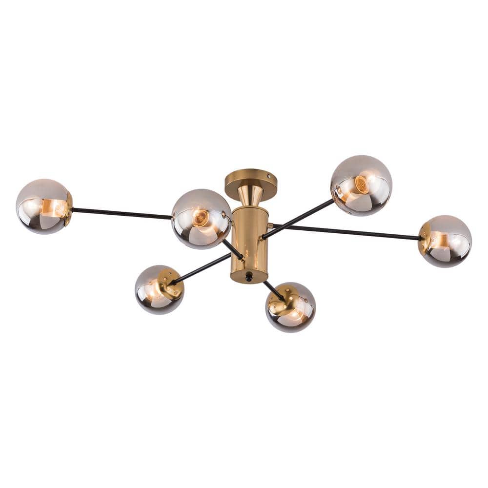 38.1 in. 6-Light Gold Modern Sputnik Semi-Flush Mount Ceiling Light with Smoky Grey Glass Shade, No Bulbs Included - Hercitys
