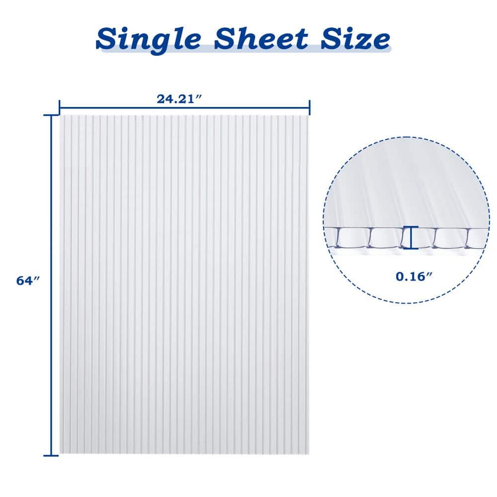 24 in. x 64 in. x 0.157 in. (4 mm) Clear Twin Wall Polycarbonate Sheet Greenhouse Panels 6-Piece - Hercitys