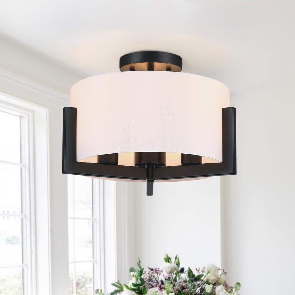 14 in. 3-Light Matte Black Semi-Flush Mount Ceiling Light with Drum Shade - Hercitys