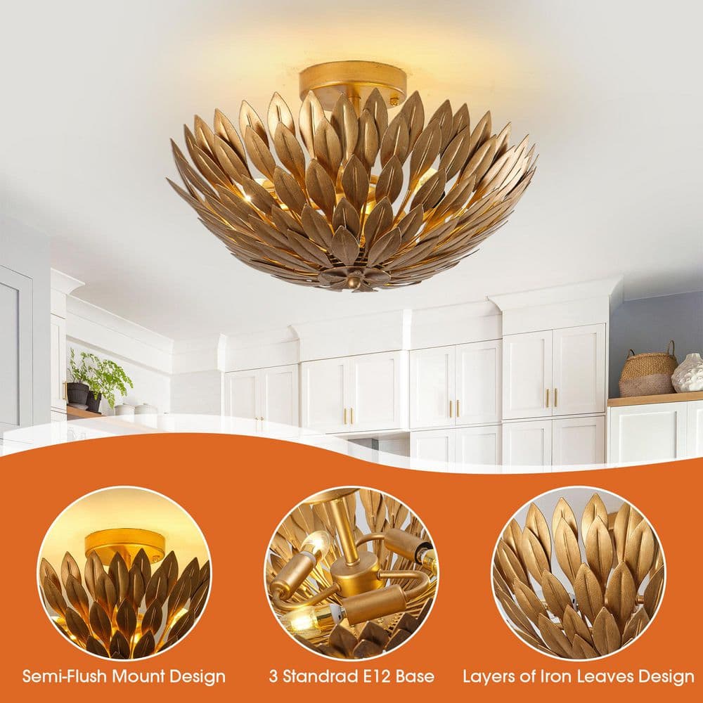 15.75 in. 3-Light Antique Gold Semi-Flush Mount Ceiling Light with Layers of Leaves Shade - Hercitys