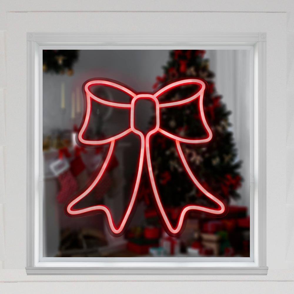 15 in. Red LED Lighted Neon Style Bow Christmas Window Silhouette - Hercitys