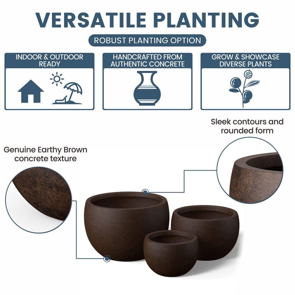 11.5 in. 15 in. 19 in. Earthy Brown Concrete Round Planter / Pot with Drainage Holes (Set of 3) - Hercitys