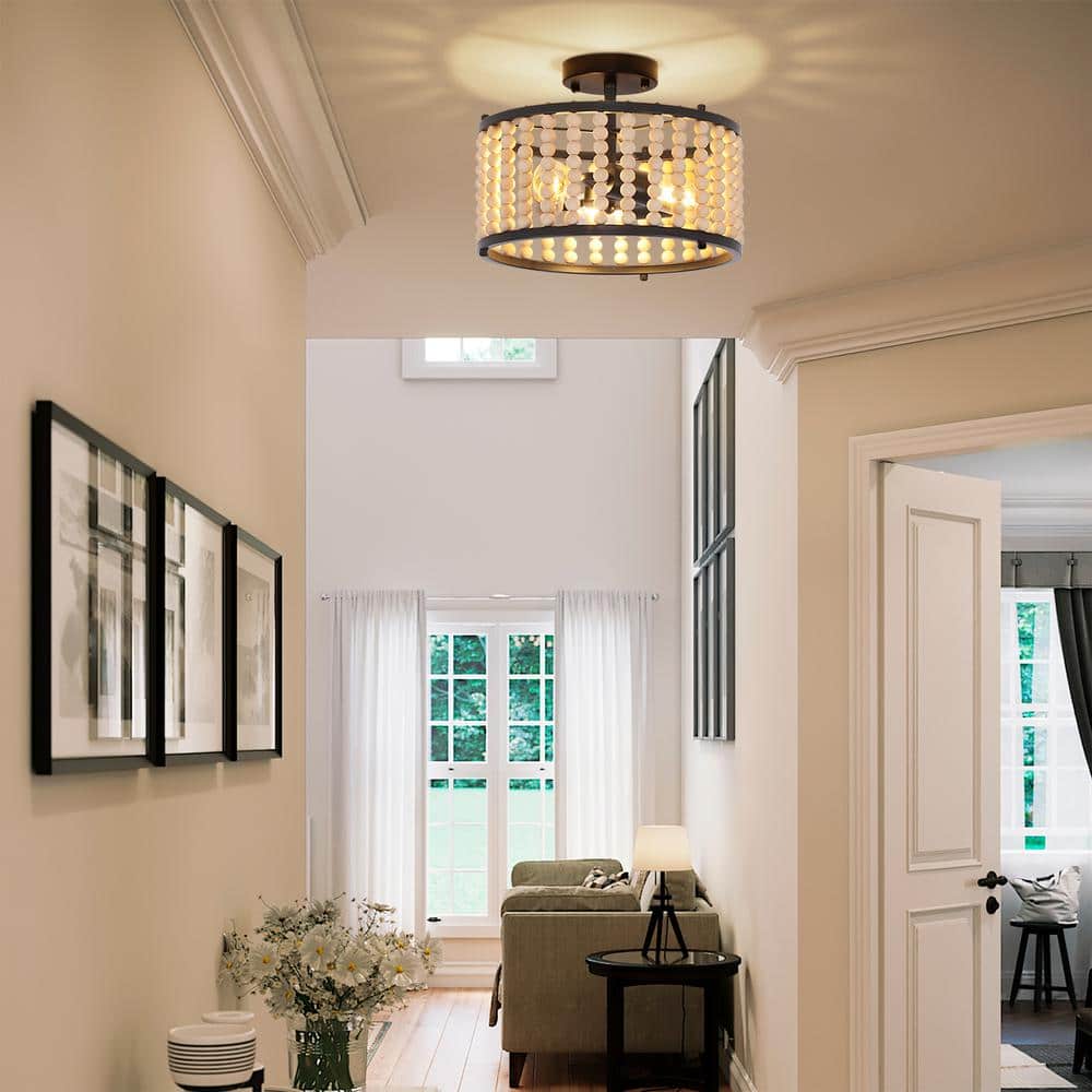 12.6 in. 3-Light Black Farmhouse Wood Beaded Shade Semi-Flush Mount Ceiling Light - Hercitys