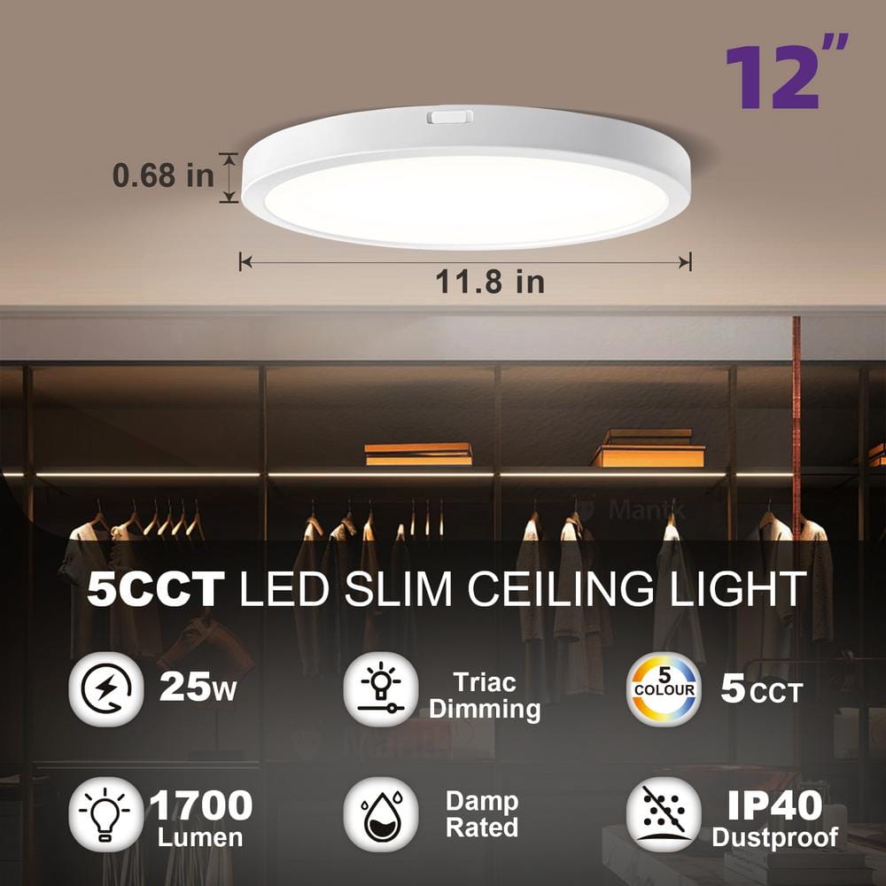 12 in. White Integrated LED Flush Mount Light Super Narrow Frame Slim LED Ceiling Light With 5 CCT Selectable (4-Pack) - Hercitys