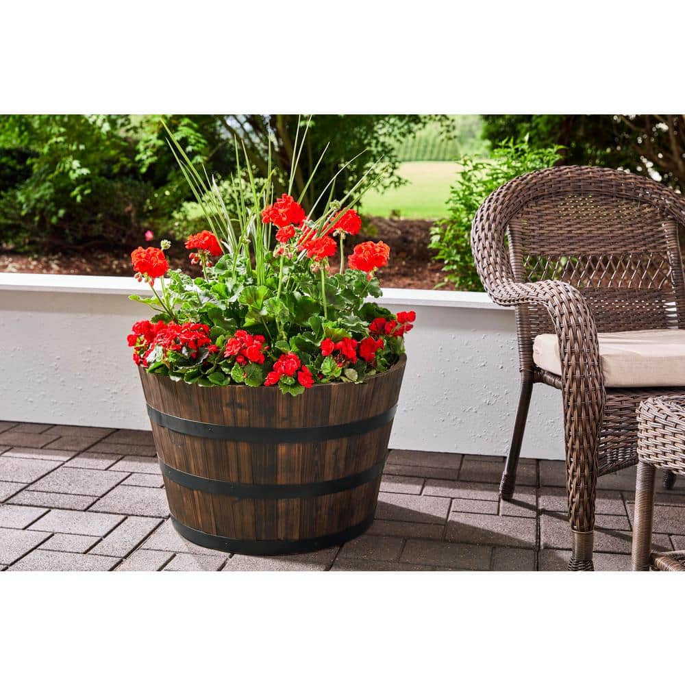 26 in. Jackson Extra Large Brown Wood Barrel Planter (26 in. D x 16.5 in. H) with Drainage Hole - Hercitys