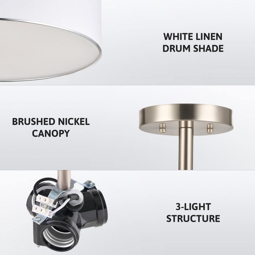 18 in. 3-Light Brushed Nickel Semi-Flush Mount with White Fabric Drum Shade - Hercitys