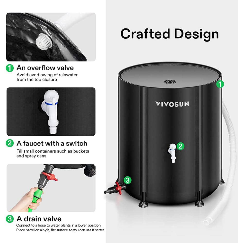 53 Gal. Collapsible Rain Barrel with 2 Spigots and Overflow Kit in Black - Hercitys
