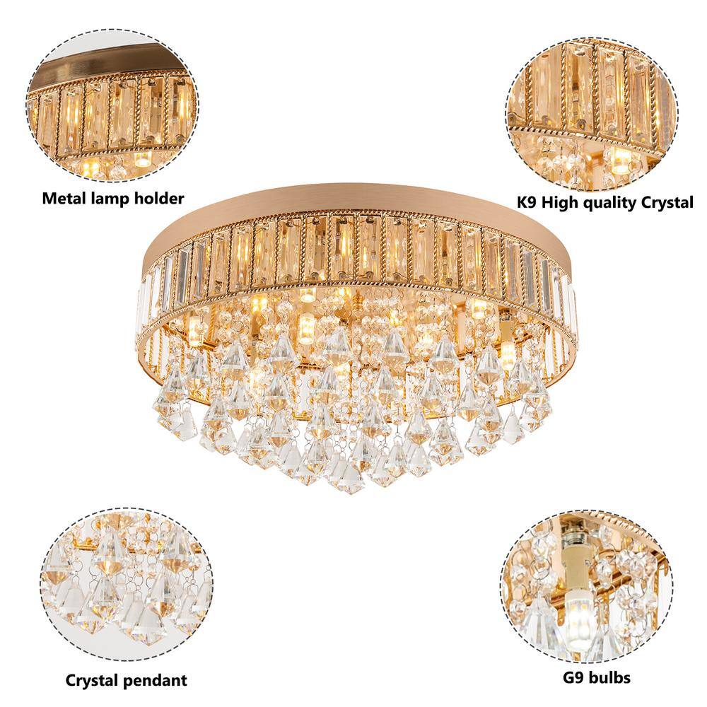 19.68 in. 9-Light Gold Modern Round Flush Mount Ceiling Light with Clear Crystal Shade and No Bulbs Included - Hercitys