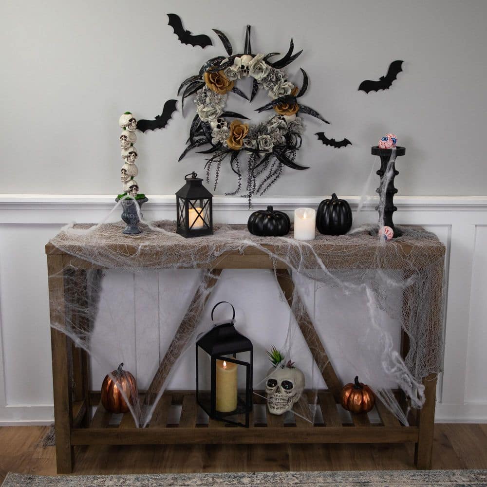 14 “-Orange Gray and Black Skulls with Roses Foliage Halloween Wreath-Unlit - Hercitys