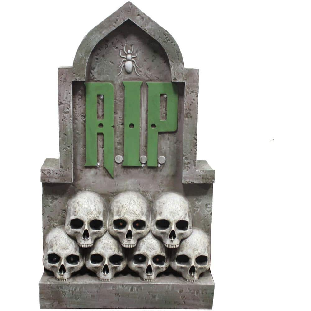 2 ft. RIP Tombstone with Skulls Pre-Lit LED Resin Figurine, Indoor or Covered Outdoor Halloween Decoration, Plug-In - Hercitys