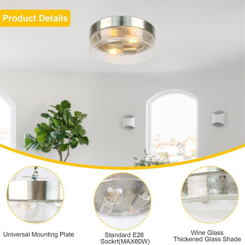 10.75 in. W 2-Light Ceiling Light Fixture Semi-Flush Mount Lighting with Seeded Glass Shade, Bulbs Not Include, Silver - Hercitys
