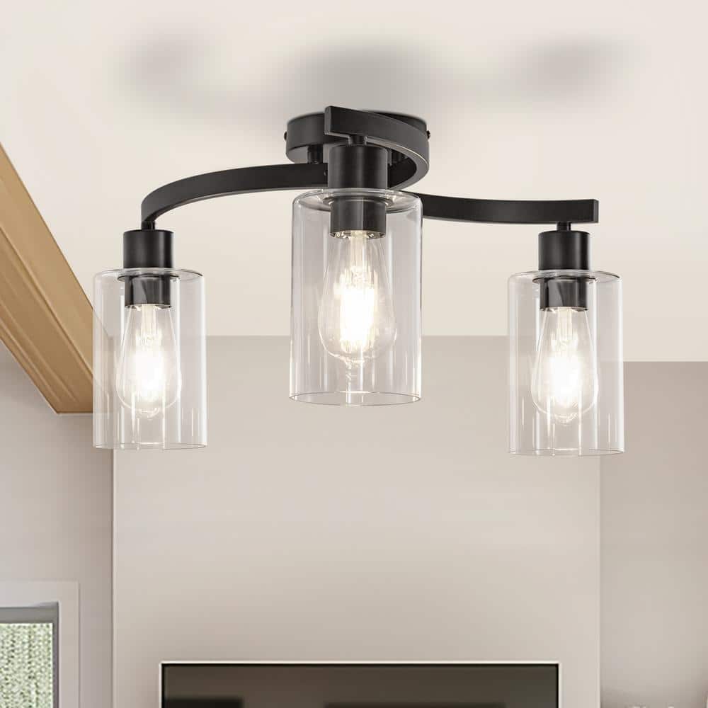 11.8 in. 3-Light Semi-Flush Mount Ceiling Light, Matte Black Bedroom Light Fixtures with Clear Glass Shades - Hercitys