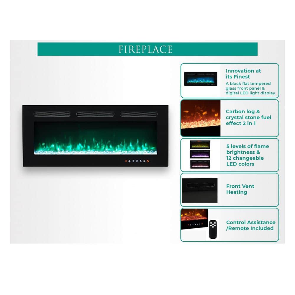 30 in. Black Electric Fireplace Wall Mounted Fireplace LED with 12 Colors, Touch Screen Remote Logset and Crystal Stones - Hercitys