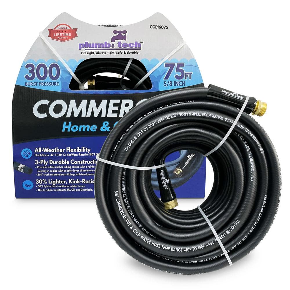 5/8 in. Dia. x 75 ft. Black Nitrile Rubber Commercial, Home and Garden, Multi-Purpose Hot/Cold Water Hose, BP 300 psi - Hercitys