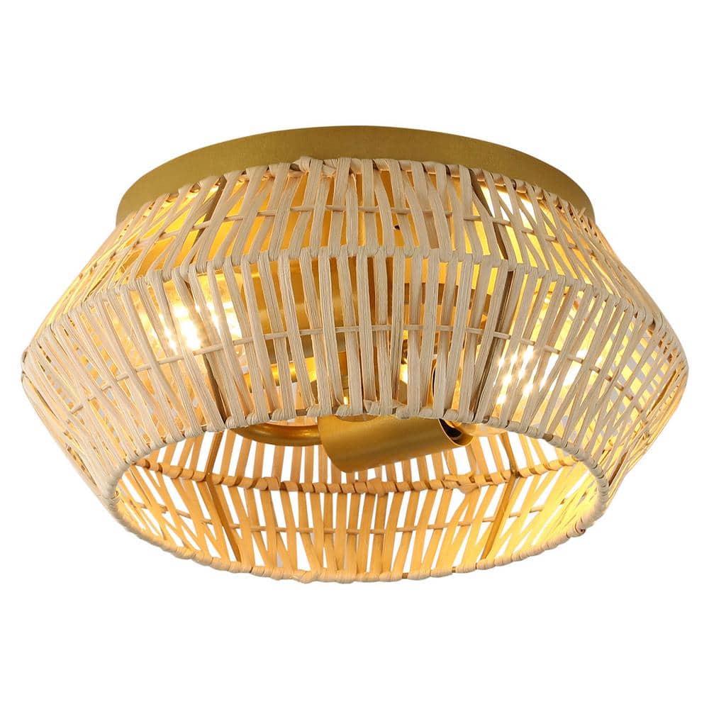 11.81 in. 2-Light Gold Farmhouse Woven Rattan Flush Mount Ceiling Light, No Bulbs Included - Hercitys