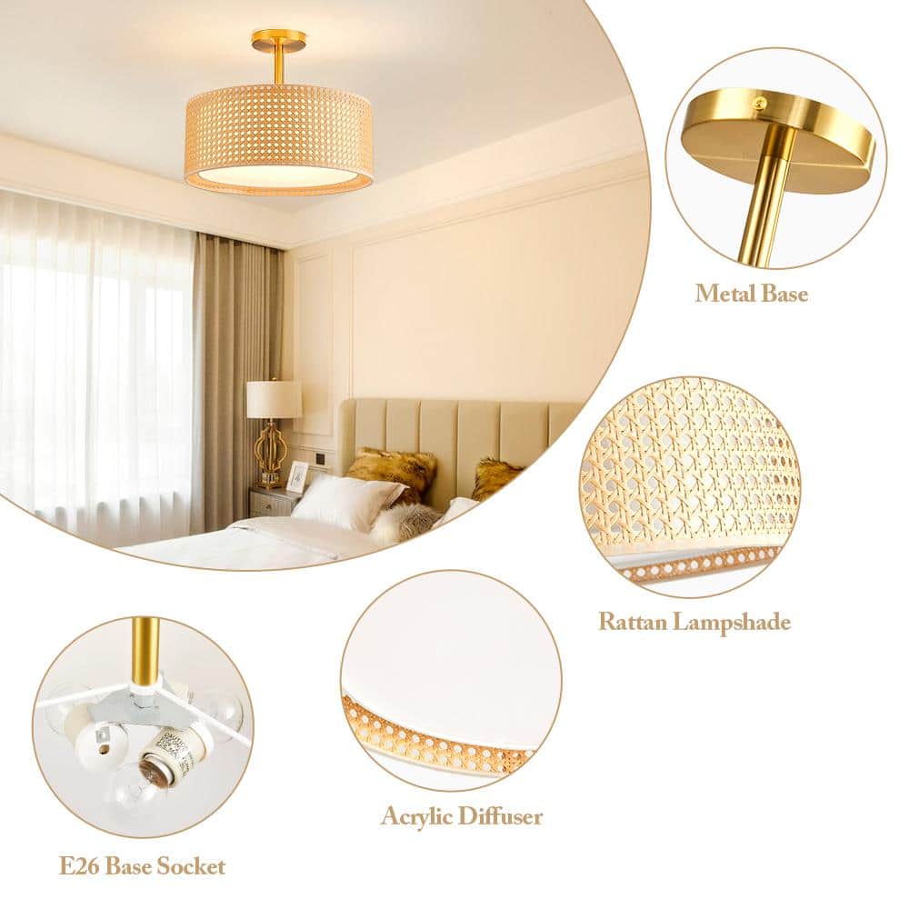 15.7 in. 3-Light Copper Rattan Semi-Flush Mount Ceiling Light - Hercitys