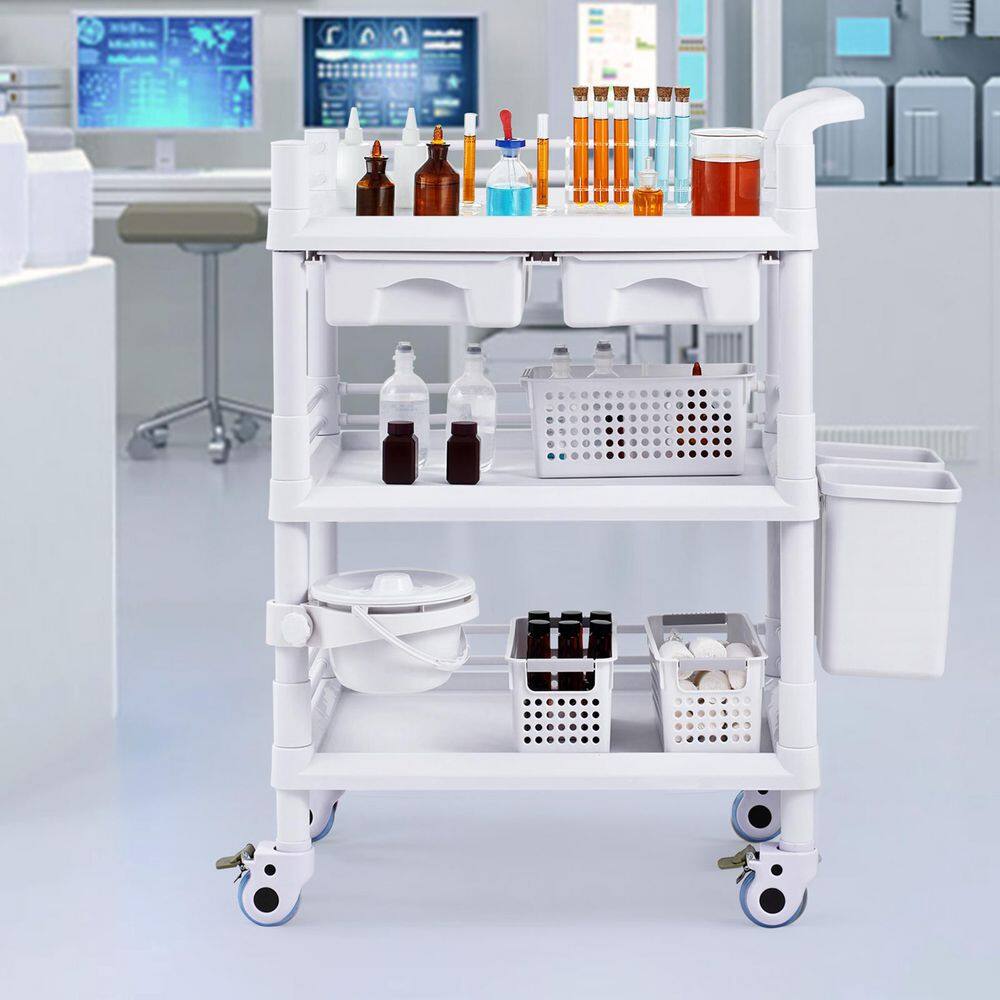 3 Tiers Lab Carts, White, Plastic, Kitchen Cart, with PP Material, Lab Utility Cart with 3 Trays & 4 Silent Wheels - Hercitys