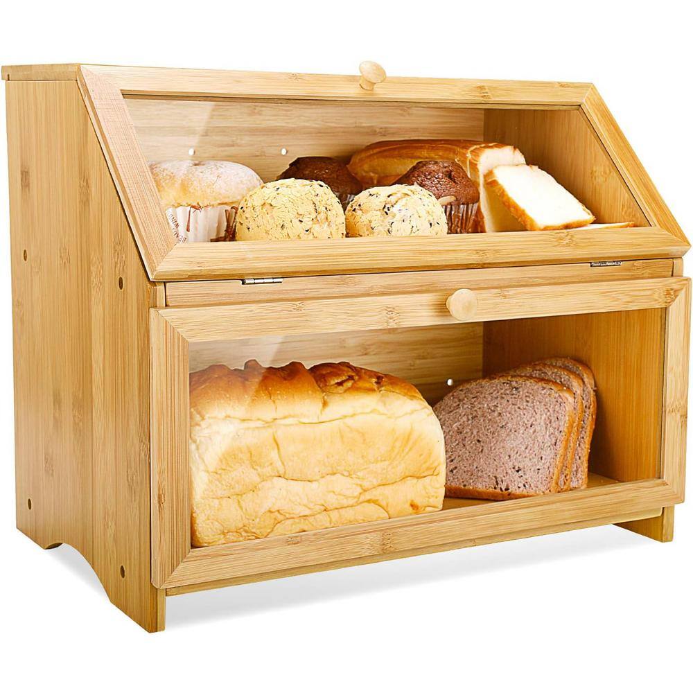 1 Piece Double Layer Bread Box for Kitchen Counter, Wooden Large Capacity Bread Storage Bin (Natural Bamboo) - Hercitys
