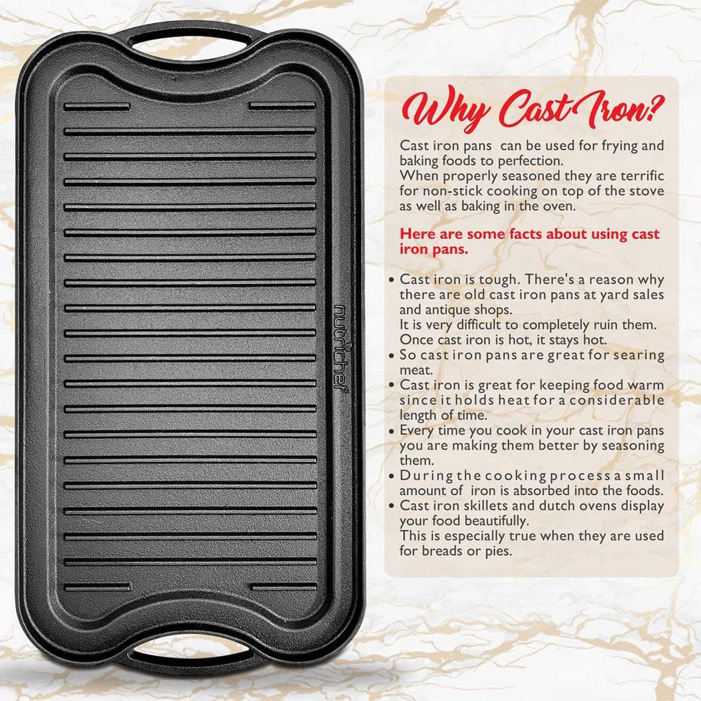 19.96 in. Kitchen Flat Grill Plate Pan Reversible Cast Iron Griddle Classic Flat Grill Pan Design with Scraper - Hercitys