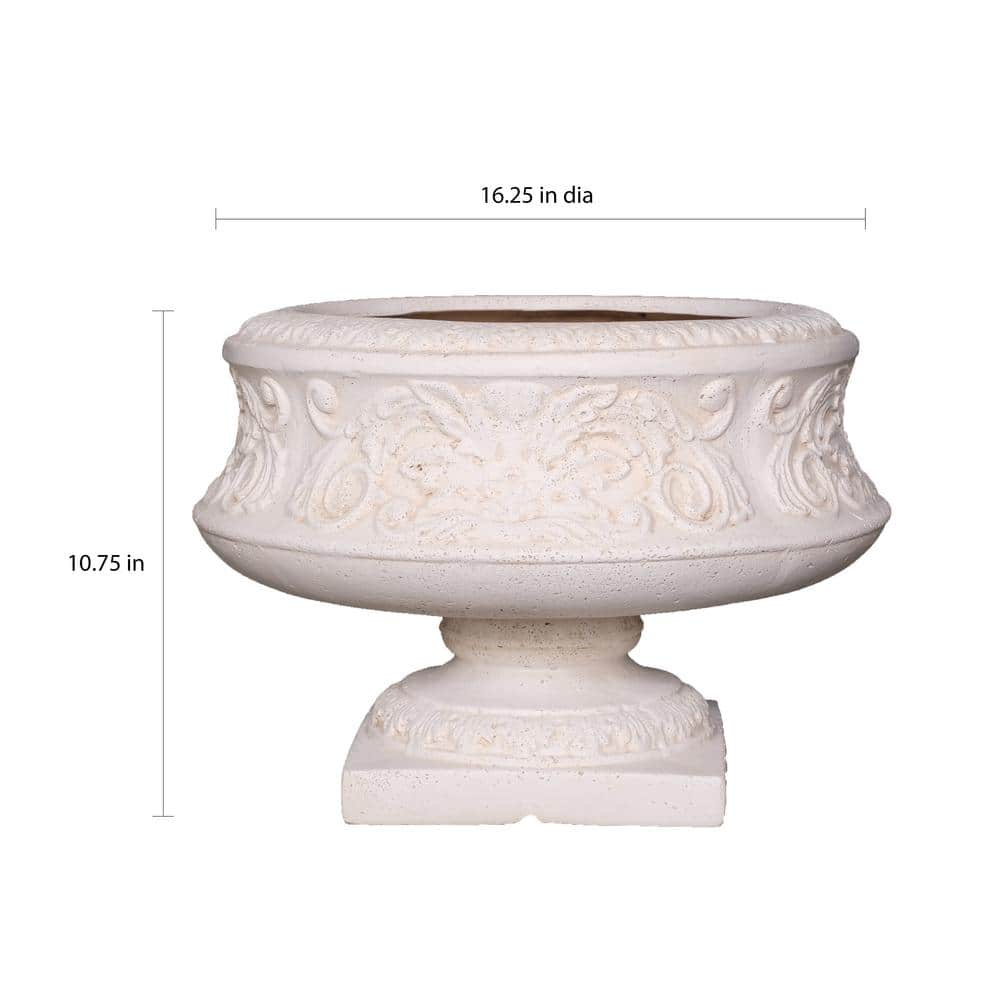 16.25 in. Dia Light Aged White Cast Stone Fiberglass Ornate Low Urn - Hercitys