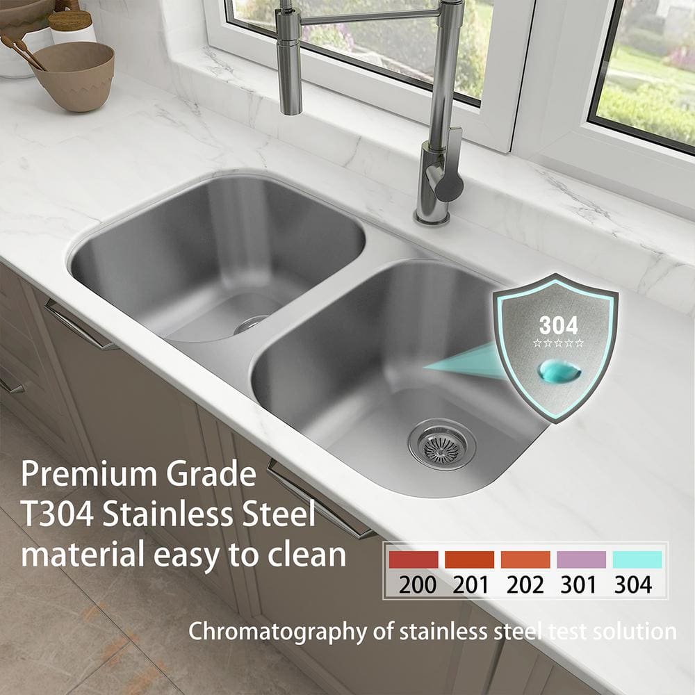 32 in. Undermount Double Bowl 18 Gauge 304 Stainless Steel Kitchen Sink - Hercitys