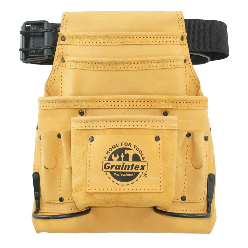 10-Pocket Yellow Top Grain Leather Nail and Tool Pouch with 2 in. Leather/Webbing Belt - Hercitys