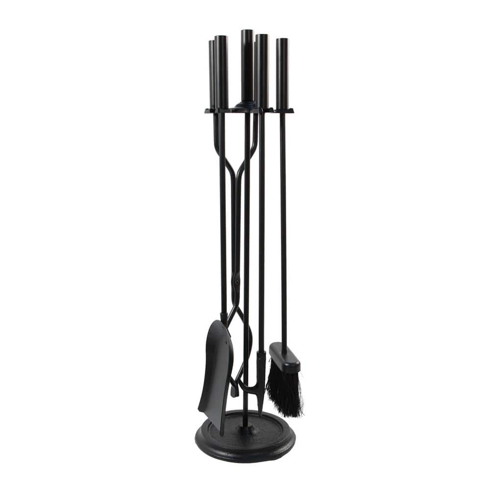 30 in. Tall 5-Piece Black Neoclassic Fireplace Tool Set with Round Base - Hercitys