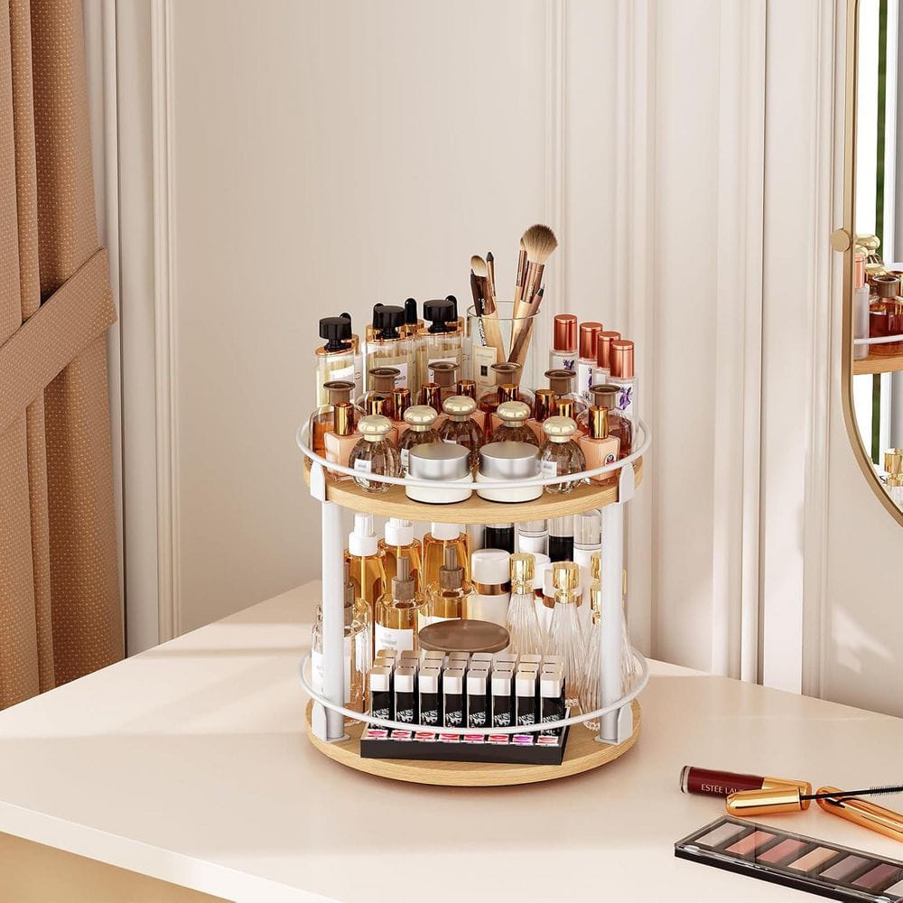 2 Tier Metal Rotating Spice Rack for Kitchen Countertop, Compact and Versatile, White and Natural - Hercitys