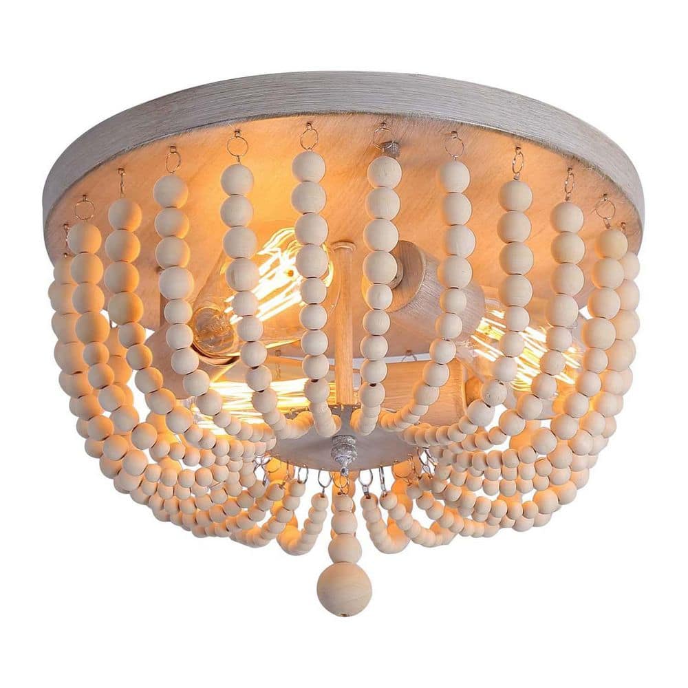 11.8 in. 3-Light Vintage Farmhouse Boho Semi Flush Mount Ceiling Light Fixture with Wood Beaded Shade No Bulbs Included - Hercitys