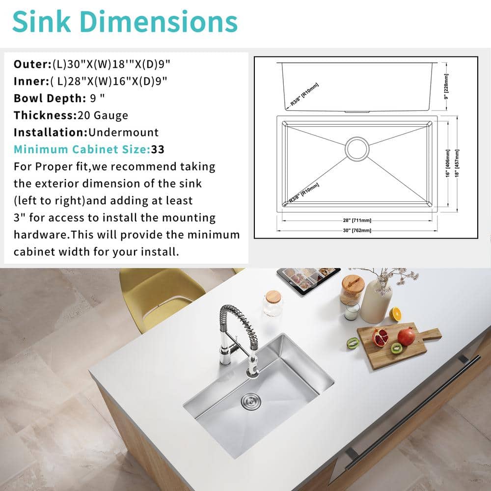 30 in Undermount Single Bowl 20 Gauge Stainless Steel Kitchen Sink with Strainer - Hercitys