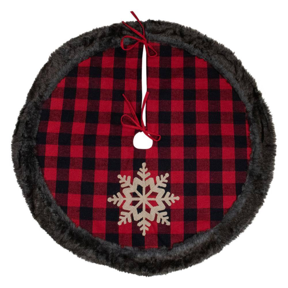 48 in. Red and Black Christmas Tree Skirt with Burlap Snowflake - Hercitys