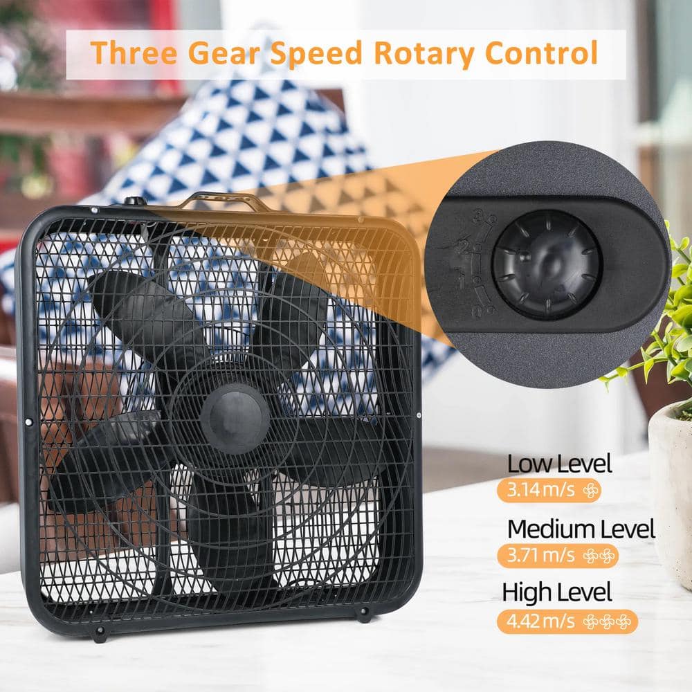 20 in. 3-Fan Speeds Box Fan in Black Finish Cooling Table Fan Aerodynamic Fan Blades with Carry Handle and Safety Grills - Hercitys