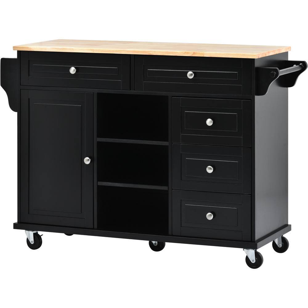 53 in. Black Rubber Wood Top Kitchen Cart Island with Storage, 5-Drawers, Rolling Wheels, and Mobile Design - Hercitys