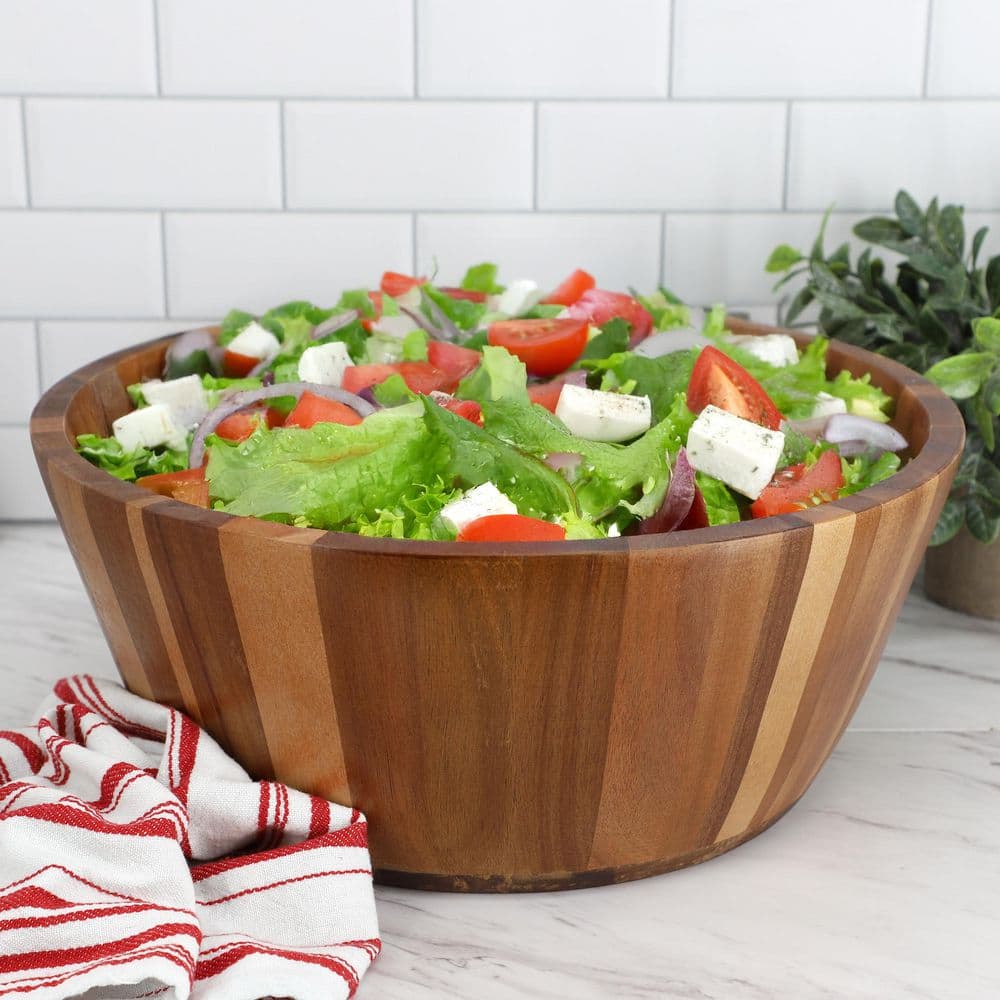 13.8 Inch 324 fl. oz. Light Brown Large Acacia Wood Salad Serving Bowl - Hercitys