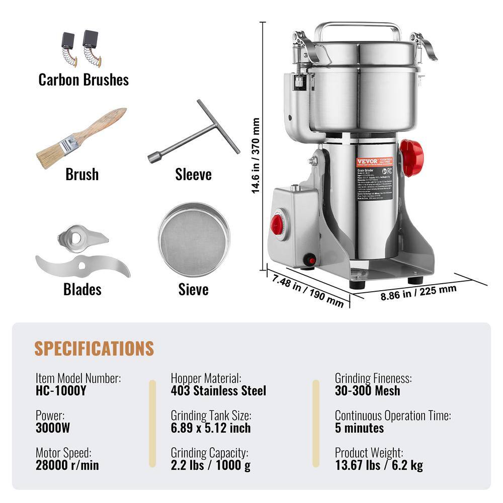 1000g Electric Grain Mill Grinder, High Speed 3000-Watt Commercial Spice Grinders, Stain Steel Pulverize Powder Machine - Hercitys