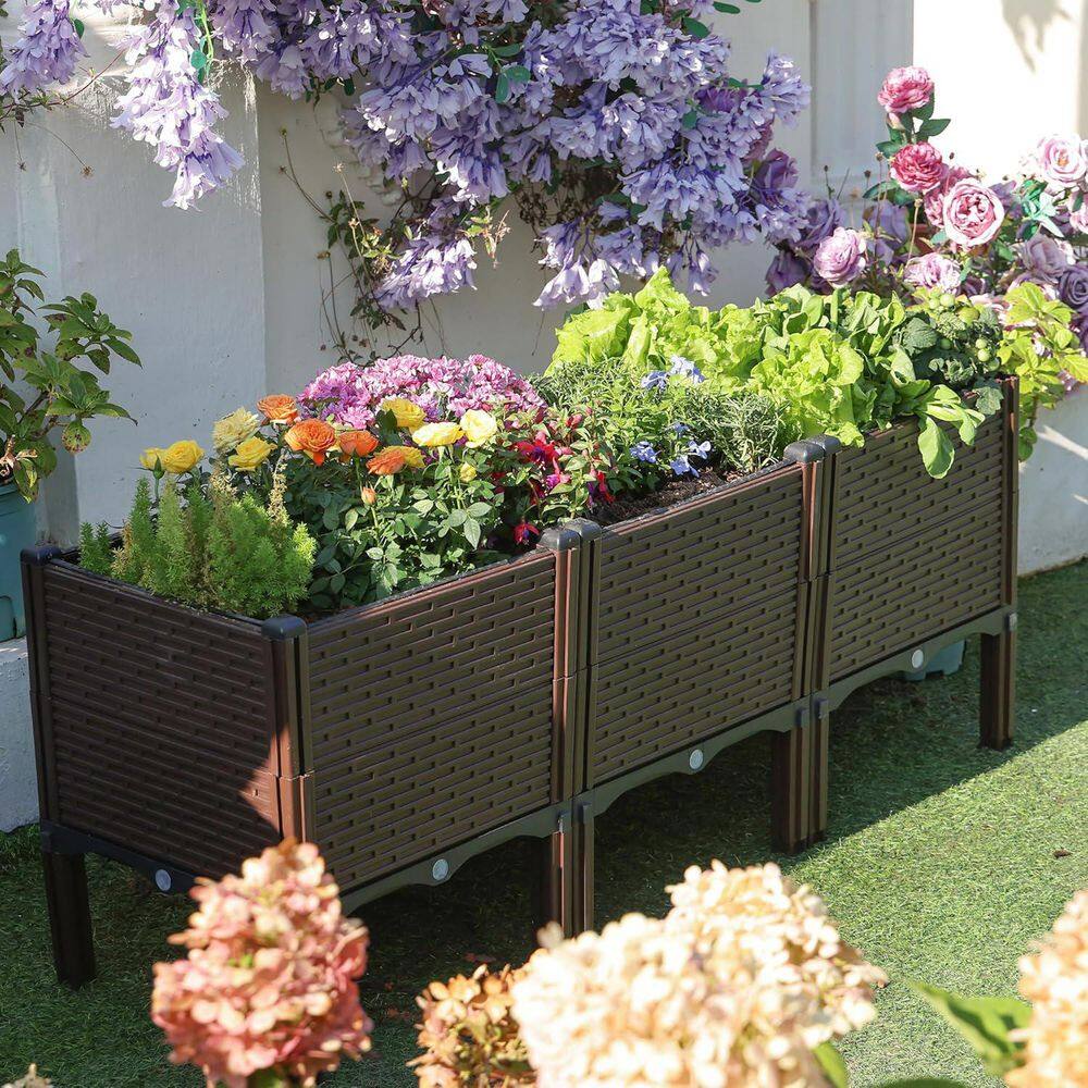 47 in. L x 15 in. W x 19 in. H Raised Garden Bed with Drain Outlet, Brown Polypropylene Planter Box - Hercitys