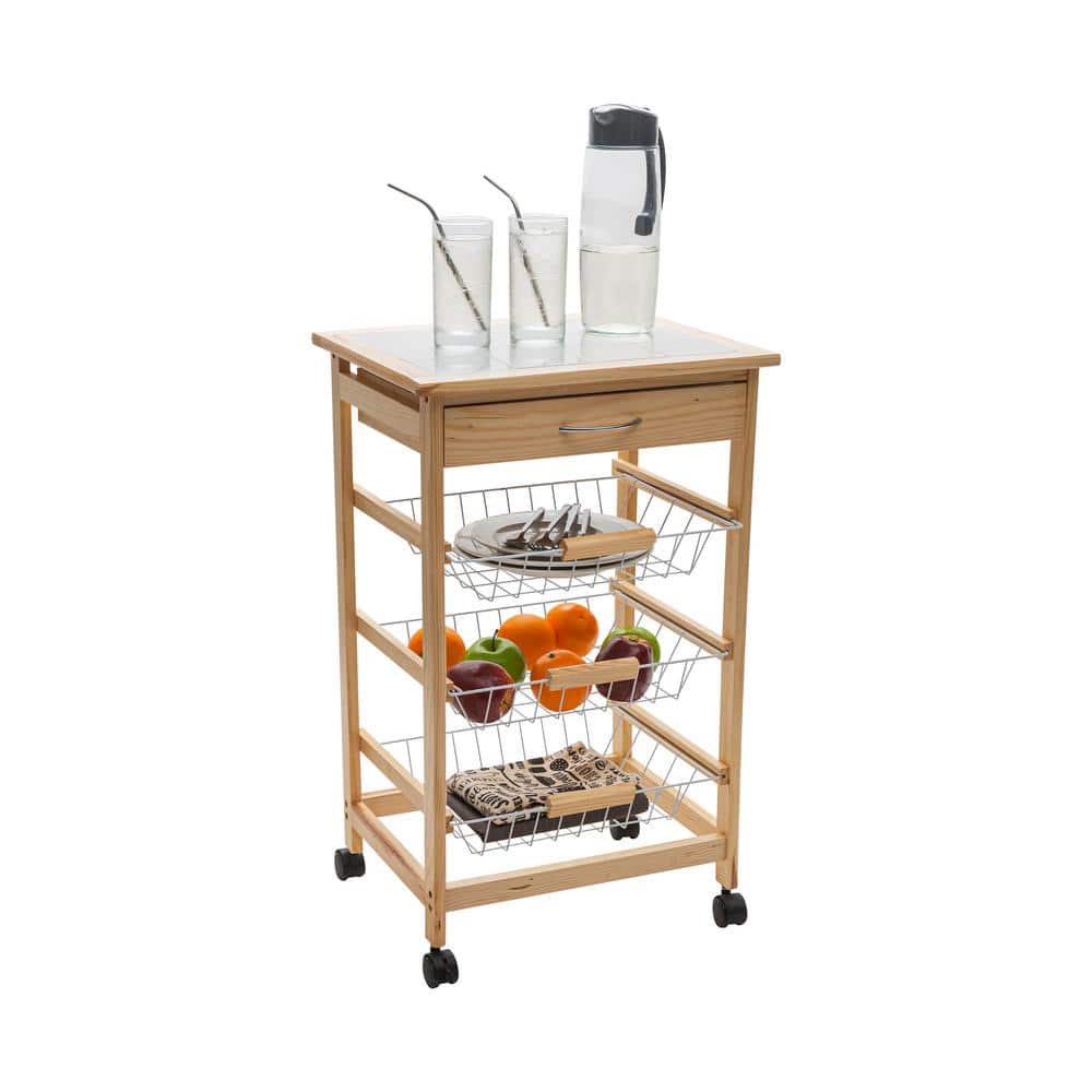 3 Tier Pinewood Basket and Drawer Kitchen Cart - Hercitys