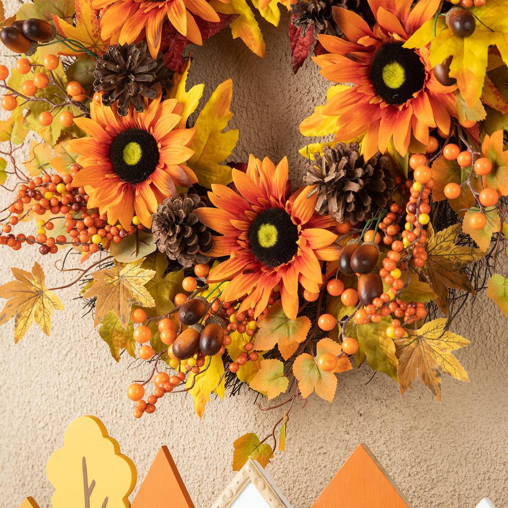 24 in. D Unlit Fall Sunflower, Maple Leaf and Berry Wreath - Hercitys