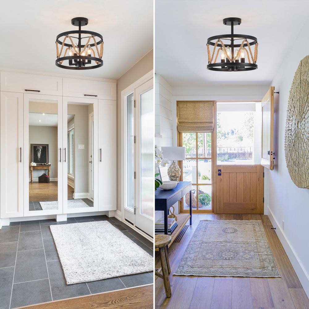 13 in. 4-Light Hemp Rope Black Semi- Flush Mount with No Bulbs Included - Hercitys