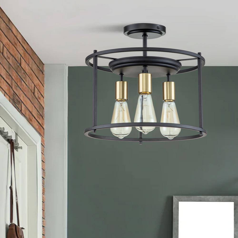 14 in. 3-Light Black and Gold Drum Cage Semi Flush Mount Light - Hercitys