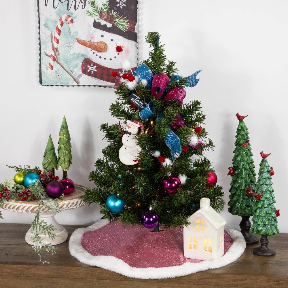 20 in. Pink Glittered Mini Christmas Tree Skirt with Faux Fur Trim - Hercitys
