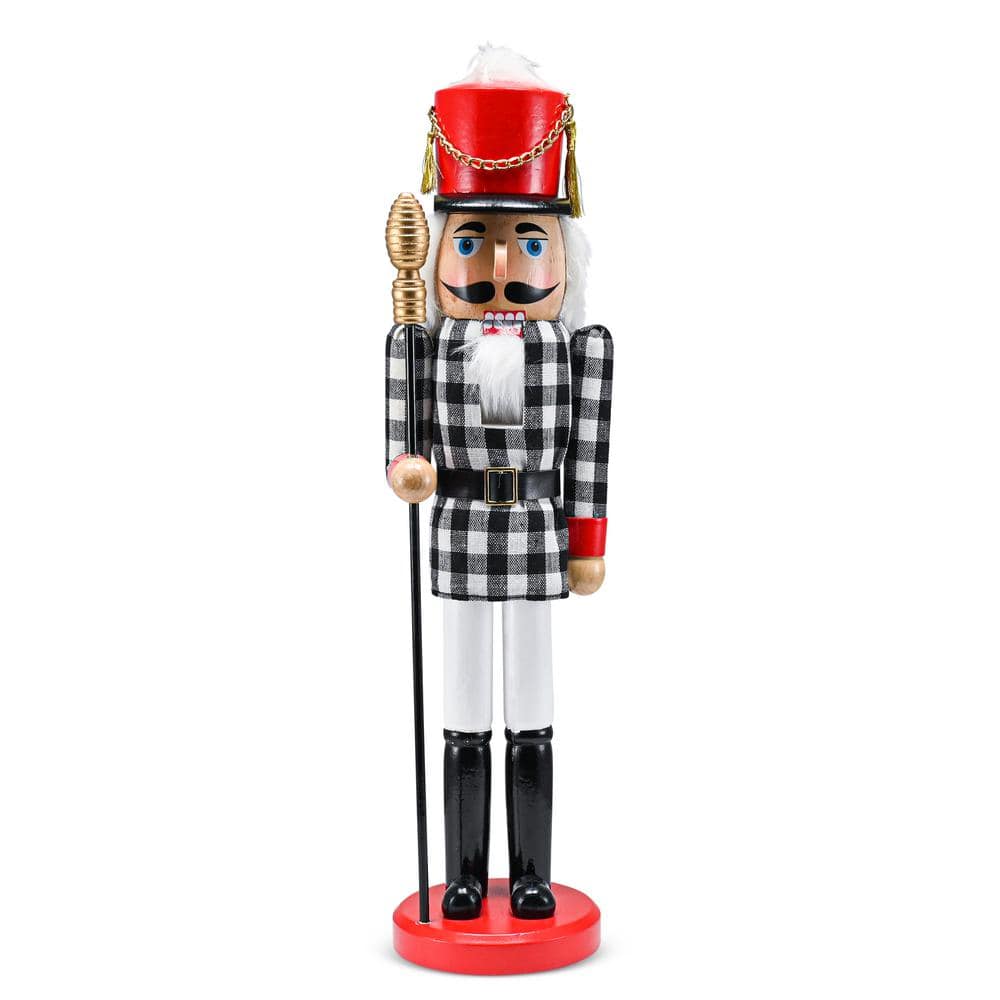 17 in. Wooden Christmas Checkered Soldier Nutcracker-Black and White Wooden Nutcracker Toy Soldier with Staff Holiday - Hercitys