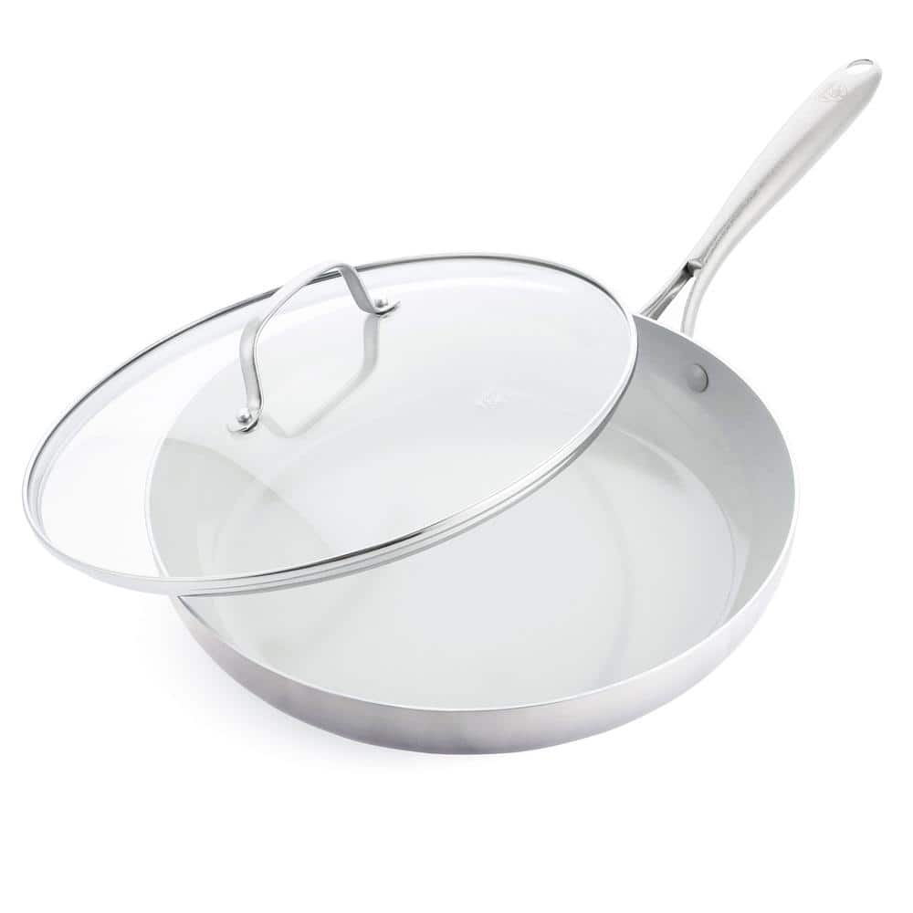 12 in. Tri-Ply Stainless Steel Healthy Ceramic Nonstick Multi-Clad Frying Pan Skillet with Lid in Silver - Hercitys