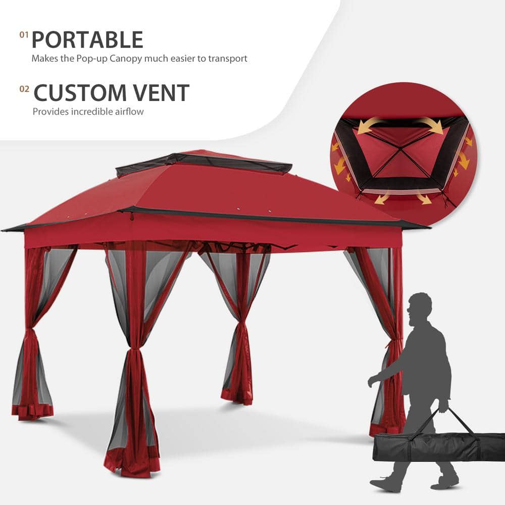 11 ft. x 11 ft. Red Steel Pop-Up Gazebo with Mosquito Netting - Hercitys