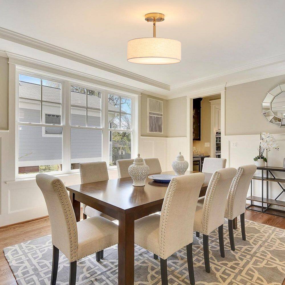 12.6 in. 3-Light Gold Farmhouse Drum Semi-Flush Mount Light with Linen Cover - Hercitys