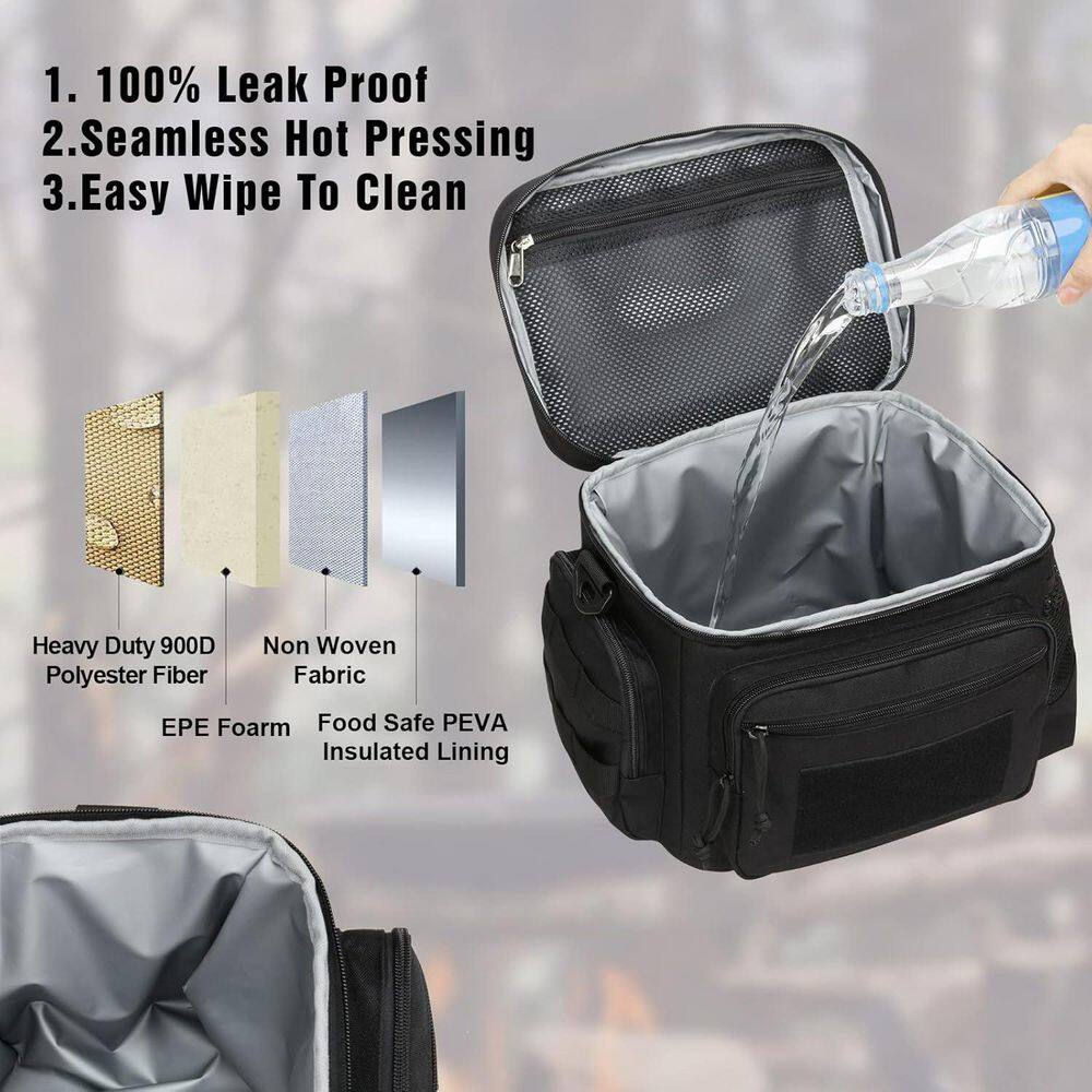 12.3 qt. Tactical Lunch Box MOLLE Webbing Insulated Leakproof Cooler Black with Adjustable Shoulder Strap - Hercitys
