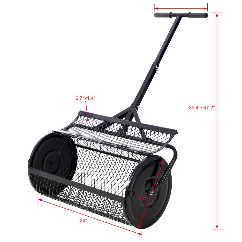 24 in. Metal Mesh Peat Moss Spreader Lawn Spreader Handheld Roller in Black with T-Shaped Handle for Seeding - Hercitys