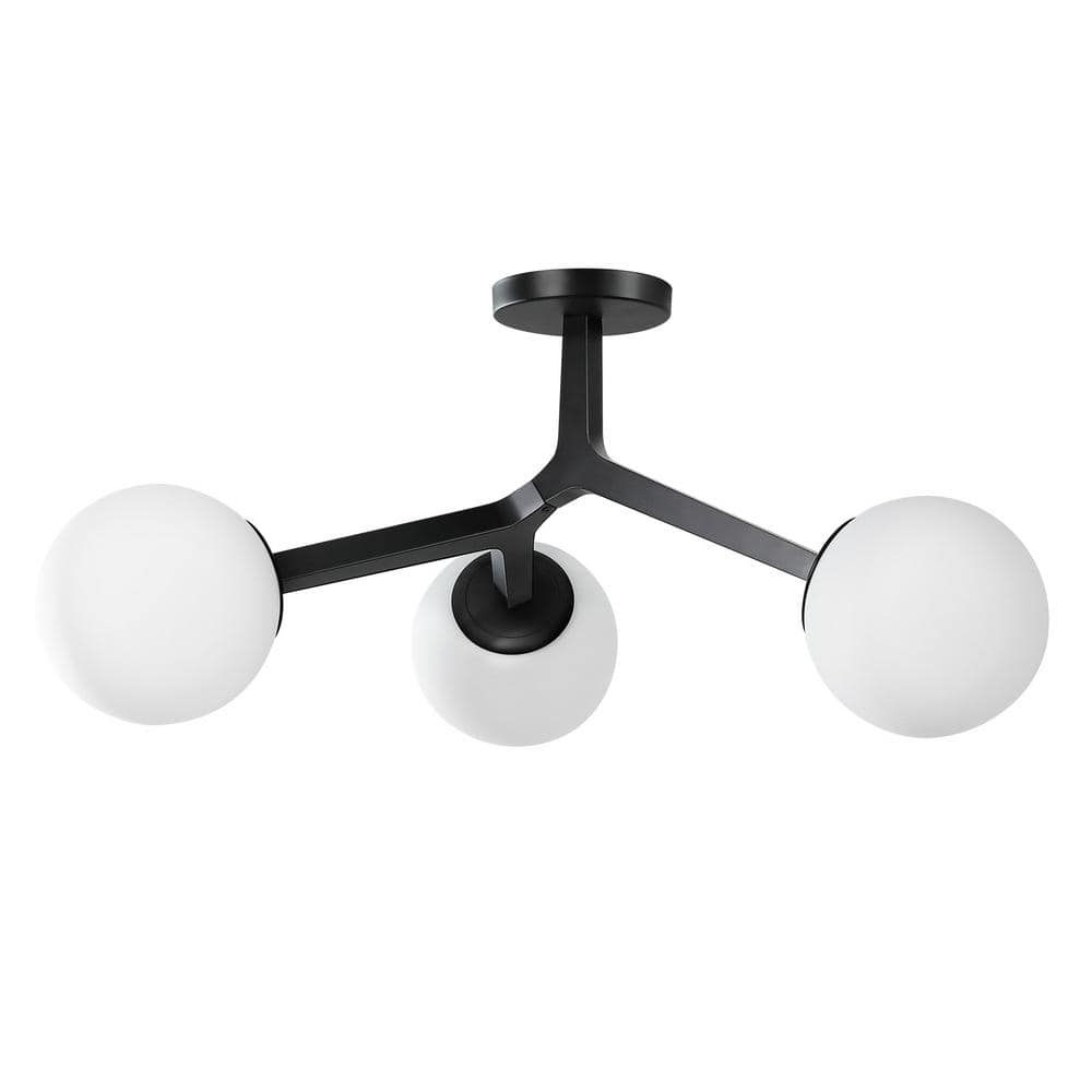 31.5 in. 3-Light Matte Black Modern Semi-Flush Mount With Milky Frosted Glass Shade Mid Century Sputnik Light Fixture - Hercitys