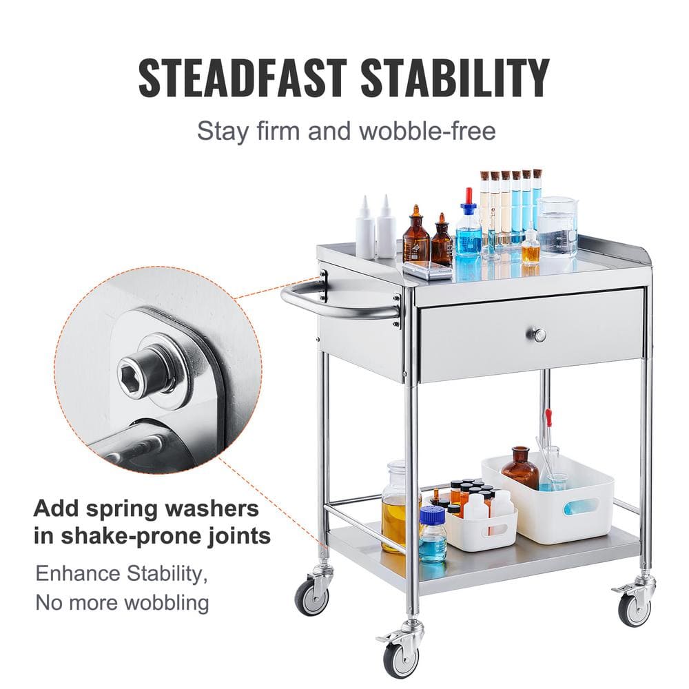 2-Layer Medical Cart Stainless Steel Utility Cart with 220 lbs. CapacityKitchen Cartwith 360° Silent Wheels and Drawer - Hercitys